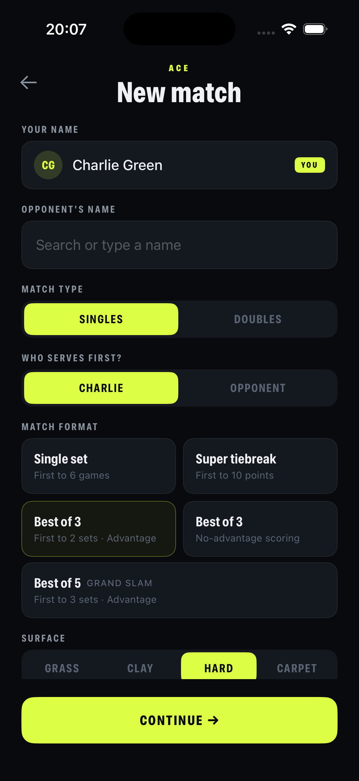 New match setup — format, surface, challenges