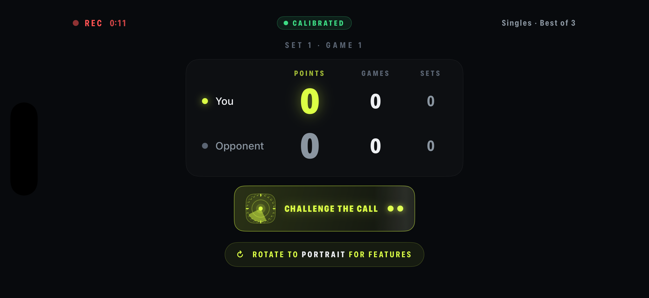 ACE live scoreboard — points, games and sets tracked automatically while recording